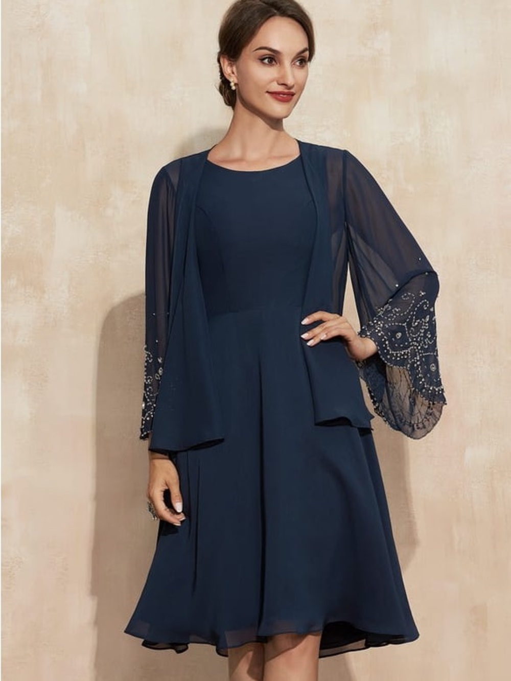 JJs House Navy Blue Midi Dress with Embellished Chiffon Sleeves